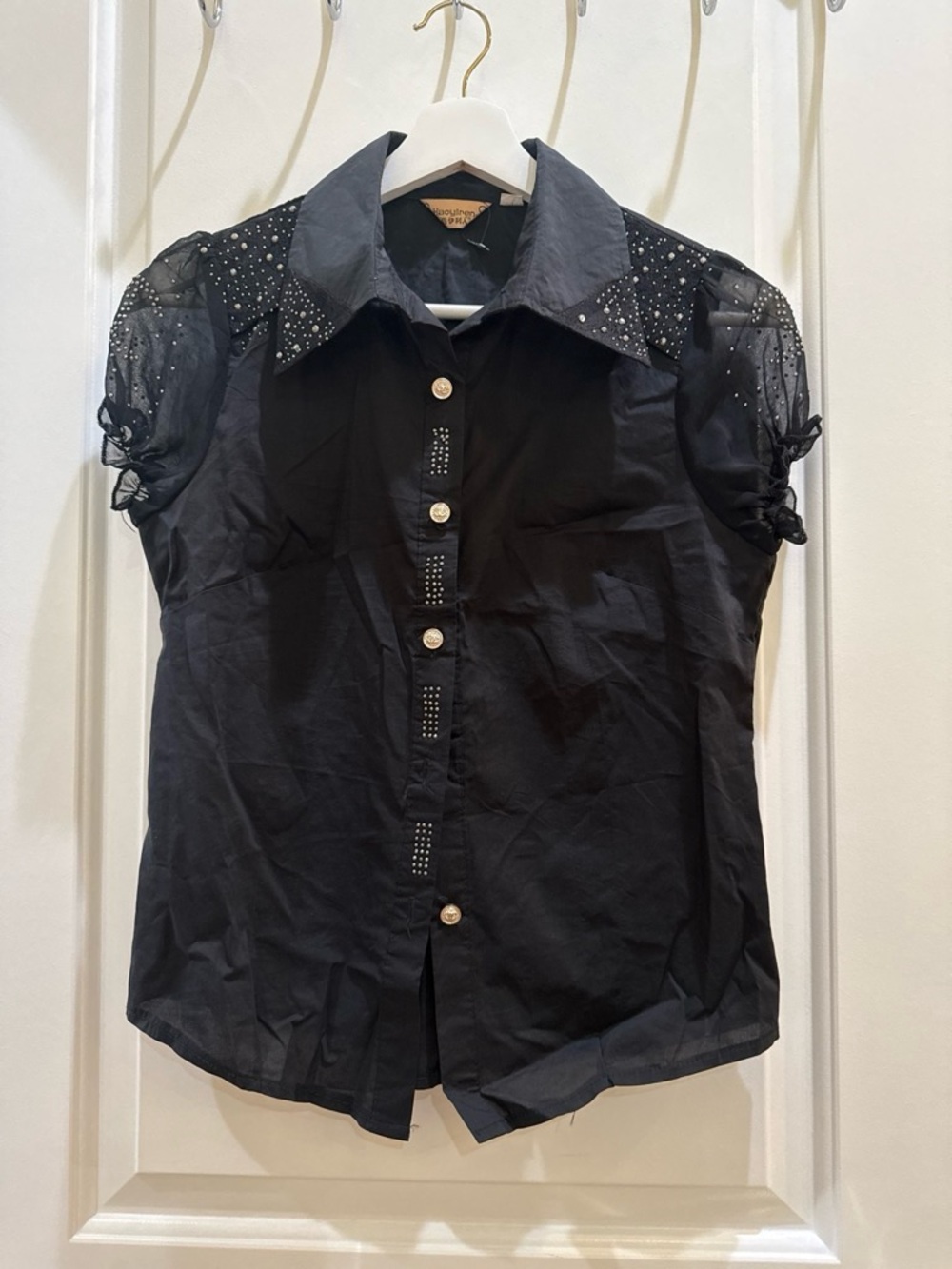 Black Stud-Embellished Puff-Sleeve Button-Down Shirt
